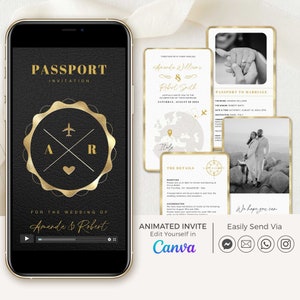 Black Passport Wedding Invitation Video Animated, Destination Wedding Invitation Digital, Digital Passport Invitation for Wedding Abroad