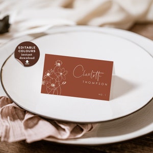 Download do modelo de cartões de lugar de terracota HAZEL, cartões de lugar de casamento Boho com escolha de refeição, cartões de nome de casamento no outono planos e dobrados