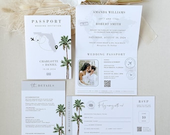 Destination Wedding Invitation Suite Template, Tropical Wedding Invitation Suite, Palm Tree Wedding Invitation, Beach Wedding Invitation Set