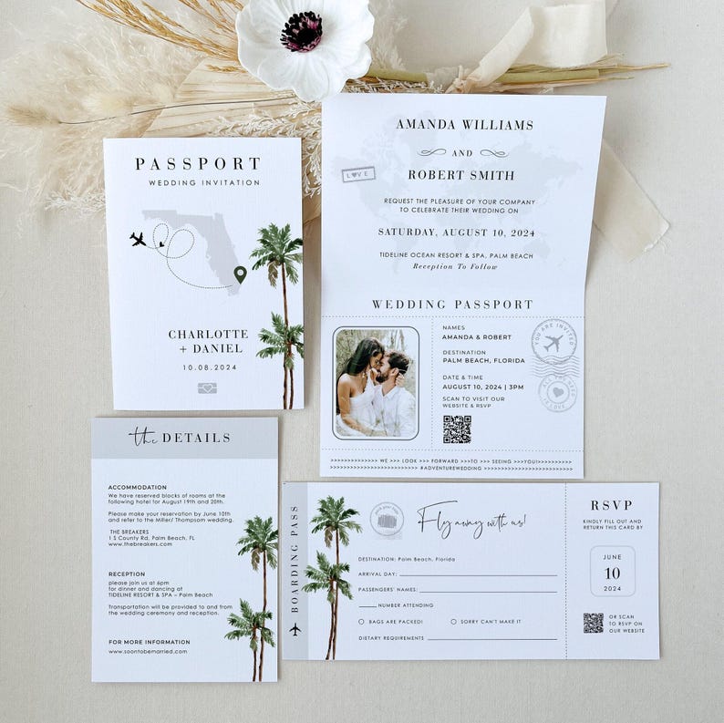Destination Wedding Invitation Suite Template, Tropical Wedding Invitation Suite, Palm Tree Wedding Invitation, Beach Wedding Invitation Set image 1