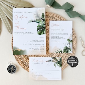 Tropical Wedding Invitation Suite, Tropical Destination Wedding Invitation Template, Monstera Wedding Invitation, Palm Tree Wedding Invite