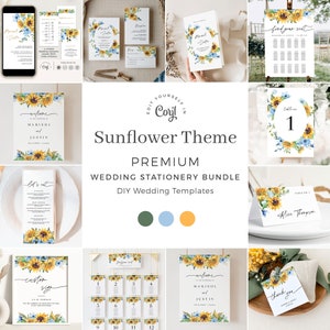 IVY  Sunflower Wedding Invitation Template Bundle, Summer Wedding Invites Suite, Rustic Wedding Stationery Template, Sunflower Wedding Sign