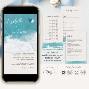 Beach Wedding Invitation with Rsvp Template, Digital Wedding Invitation Bundle, Ocean Wedding Invitation, Hawaii Wedding Invitation Template