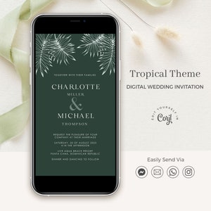 Monstera Wedding Invitation, Tropical Wedding Invitation Template, Destination Wedding Invitation Digital, Invitation Digital Download