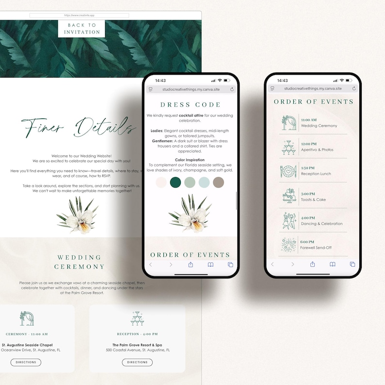 May include: A wedding website design displayed on a laptop and two smartphones. The website features details, dress code, and order of events. The color scheme includes green, ivory, and gold, with floral accents. The text reads "Finer Details" and "Wedding Ceremony".