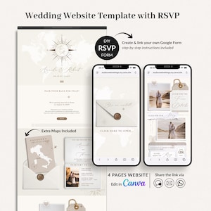 May include: A wedding website template with RSVP, displayed on a laptop and two smartphones. The design includes a world map, compass rose, and invitation details. The text includes "Wedding Website Template with RSVP", "Ananda & Robert", and "Pack Your Bags For Italy!"