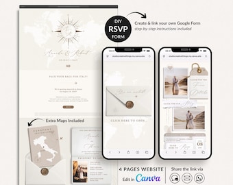 Passport Wedding Website Canva Template, Destination Wedding Website Template with Envelope, Travel Wedding Website with Rsvp Tracker