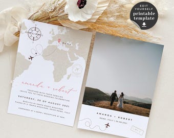 SOFIA Destination Wedding Invitation Template with Photo, Travel Theme Wedding Invitations, World Map Wedding Invitation Template Download