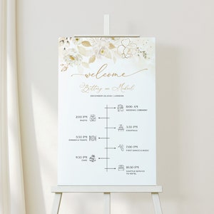 Dora | floral wedding party timeline, Ivory wedding signage, Gold wedding timeline template, wedding order of events, wedding day timeline