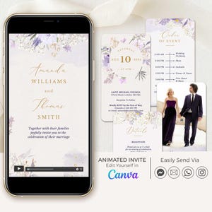 Purple Wedding Invitation Template Video, Floral Wedding Video Invitation Template Digital, Animated Wedding Invitation Lilac with Music