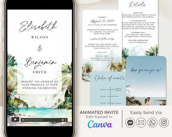 Tropical Wedding Invitation Template Video, Hawaii Wedding Invitation Animated, Mexico Wedding Invite Digital, Palm Tree Wedding Invitation