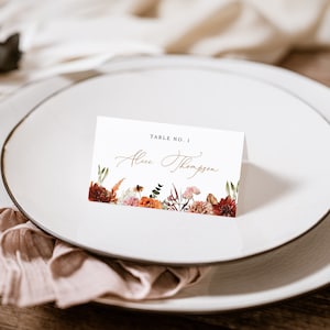 SCARLETT Boho Place Cards Plantilla Boda, Tarjetas de lugar florales imprimibles, Plantilla de tarjetas de lugar de nombre, Tarjetas de lugar de boda con elección de comida