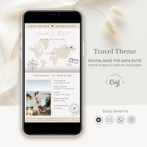 Sofia | Save The Dates Destination Wedding Evite, Evite Save The Date with Map, Passport Invitation Digital, Save The Date Digital