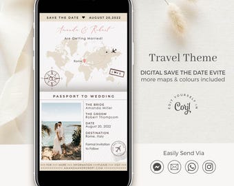 Sofia | Save The Dates Destination Wedding Evite, Evite Save The Date with Map, Passport Invitation Digital, Save The Date Digital