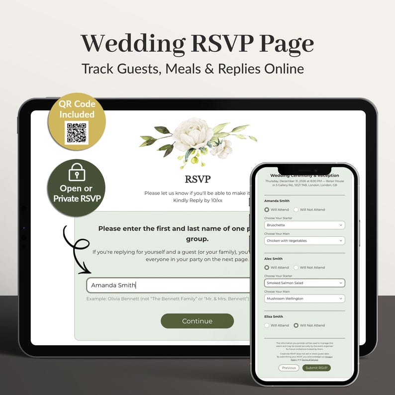 May include: A digital wedding RSVP page displayed on a tablet and smartphone. The interface features a white floral graphic, text fields for guest names, meal selections, and attendance status. Gold and green circular badges indicate QR code access.