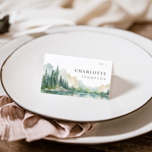 ARNA Mountain Place Card Template, Forest Wedding Place Cards with Meal Choice, Rustic Place Cards with Meal Icons, printable place card