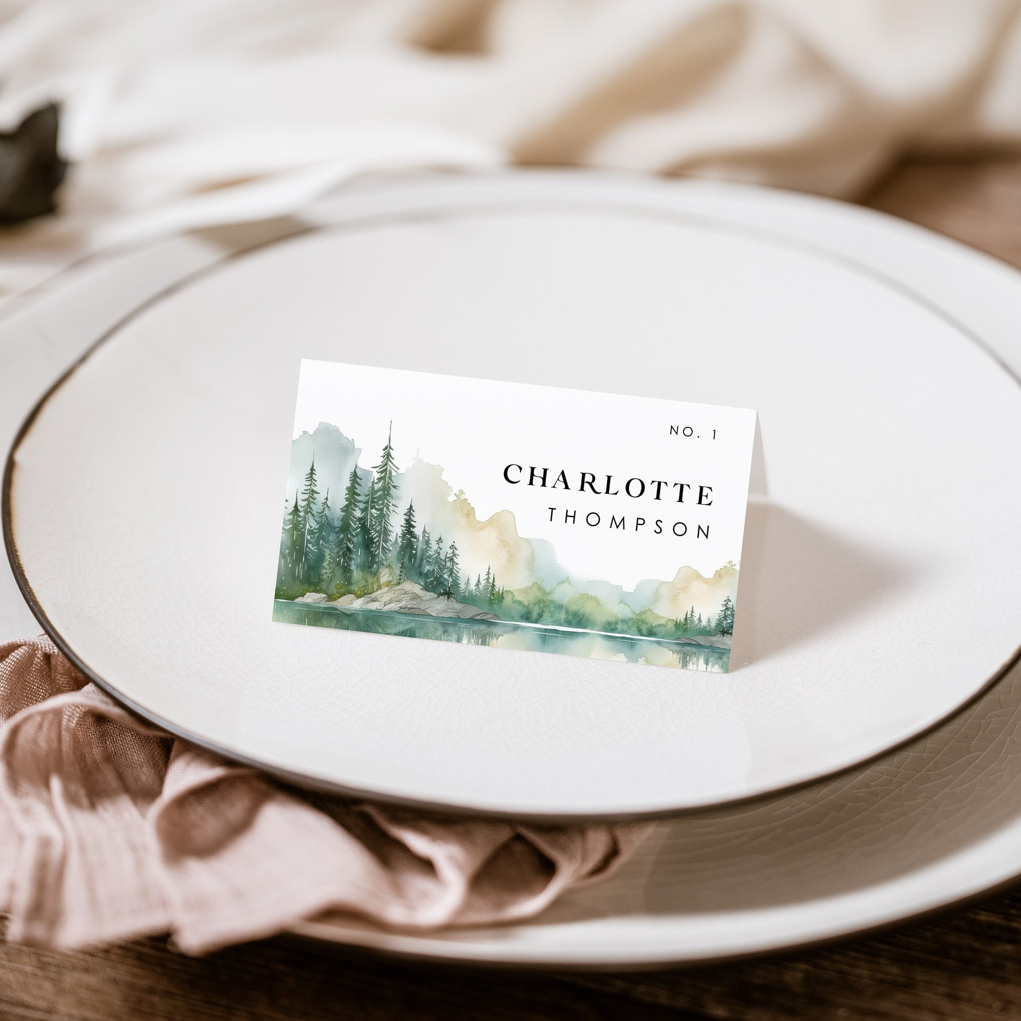 ARNA Mountain Place Card Template, Forest Wedding Place Cards with Meal Choice, Rustic Place Cards with Meal Icons, printable place card