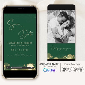 ANITA Emerald Green Save the Date Video Invitation, Green and Gold Save the Date Digital Canva, Video Save the Date Template with Photo