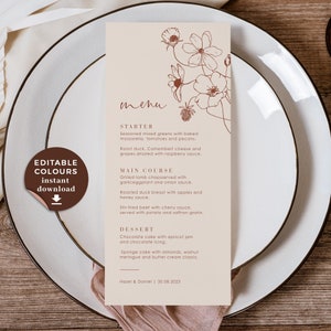 HAZEL Boho Wedding Menu Template Download, Menu Card Wedding Burnt Orange, Terracotta Wedding Menu Card Template, Menu Template Wedding