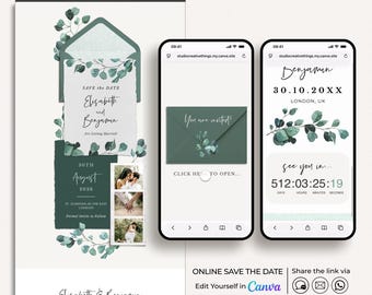 Eucalyptus Save the Date Website Canva, Rustic Save the Date Website Template, Digital Save the Dates Canva Greenery, Online Save the Date