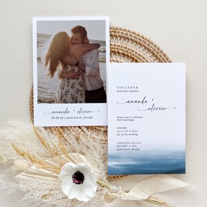 ELETTRA | Minimal Wedding Invitation Template Download, Navy Wedding Invitation Template with Photo, Modern Beach Theme Wedding Invitations