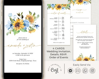 IVY Dusty Blue Wedding Invitations Template Digital, Sunflower Wedding Invitation Template, Light Blue Wedding Invites Digital Download