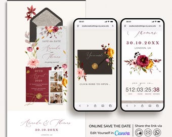 Burgundy Save the Date Website Template Canva, Fall Save the Date Digital Canva, Floral Save the Date Website Template Canva
