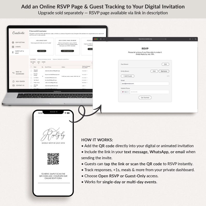 a smartphone displaying a QR code, which is being used to add an online RSVP page and guest tracking to a digital invitation.