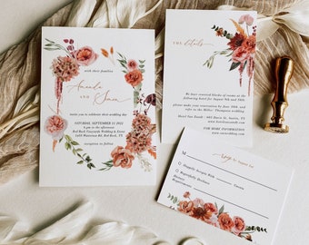 SCARLETT Boho Wedding Invitation Suite Template, Printable Fall Wedding Invitation Template Burnt Orange, Floral Wedding Invitation Set