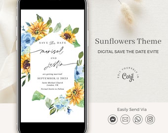 IVY Sunflower Save the Date Evite, Spring Save the Date Digital Download, Electronic Save the Date Template Rustic, Dusty Blue Save the Date