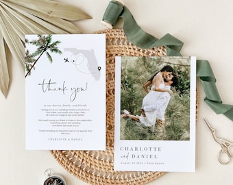 Palm Tree Thank You Card for Wedding, Wedding Thank You Cards with Photo, Printable Thank You Card, Destination Wedding Thank You Note