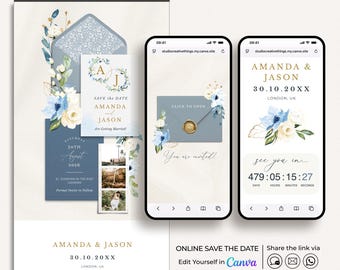 Dusty Blue Save the Date Website Invitation, Coastal Save the Date Website Canva Template, Light Blue Floral Save the Date Website Template
