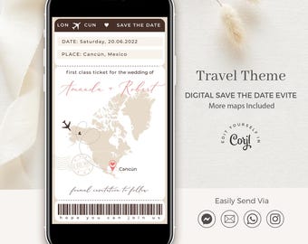Sofia | Boarding pass save the dates, digital invitations, travel theme wedding virtual invitation, destination wedding invitation