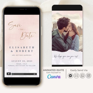 Watercolour Save the Date Video Invitation, Pink Purple Save the Date Digital, Video Save the Date Template with Photo, Modern Save the Date