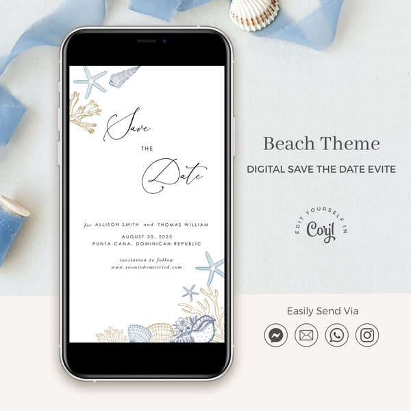 HILA Beach Save the Date Cards Digital, Nautical Save the Dates Wedding, Coastal Save the Date Template Electronic, Digital Save the Date