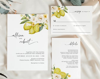 AMELIA Flowers & Lemon Wedding Invitation Suite Template, Italian Wedding Invitation with Rsvp Rustic, Mediterranean Wedding Invitation Set