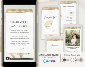 Animated Boarding Pass Wedding Invitation Video Template, Digital Destination Wedding Invitation Template, Travel Wedding Invitation Abroad