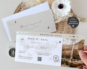 Sofia | Boarding Pass Save The Date Template, Boarding Pass Template, Destination Wedding Save The Dates, Boarding Pass Invitation Template