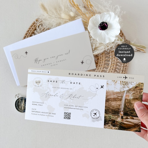 Sofia | Boarding Pass Save The Date Template, Boarding Pass Template, Destination Wedding Save The Dates, Boarding Pass Invitation Template