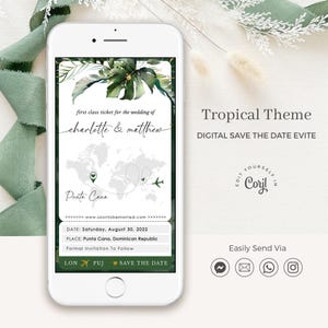 Palma | Tropical Save the Date Boarding Pass Template, Digital Save the Date Travel Theme, Destination Wedding Boarding Pass Invites