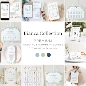 BIANCA Dusty Blue Wedding Bundle Template Set, Blue Winter Wedding Invitation Template Bundle, Wedding Stationery Bundle, Wedding Sign Set