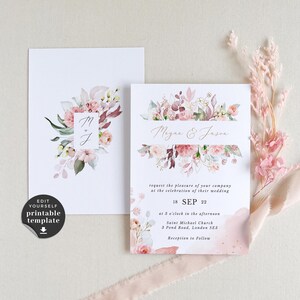FIORELLA Pink Wedding Invitation Template Download, Floral Wedding Invitation Template Download, Rose Wedding Invitation Template Printables