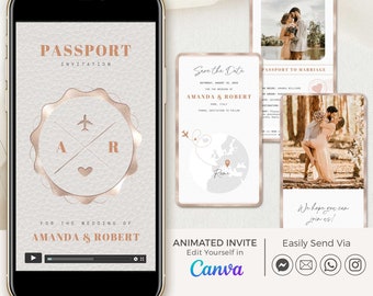 Destination Wedding Passport Save the Date Digital, Travel Save the Date Video Template, Rose Gold Save the Date Destination Wedding Invite