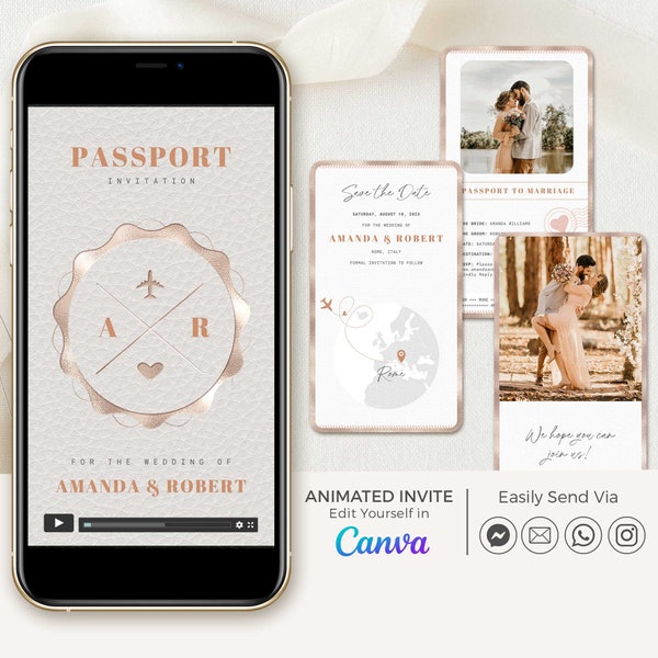 Destination Wedding Passport Save the Date Digital, Travel Save the Date Video Template, Rose Gold Save the Date Destination Wedding Invite