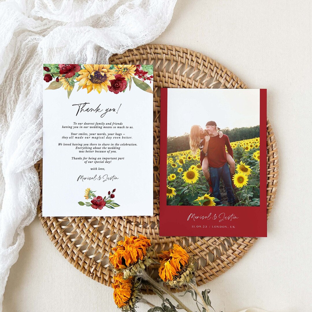 RUBY Sunflower Thank You Card for Wedding, Wedding Thank You Cards With ...