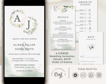 Rustic Wedding Invitation Template Download, Electronic Wedding Invitation Template, Greenery Wedding Invitation Digital Template Rustic