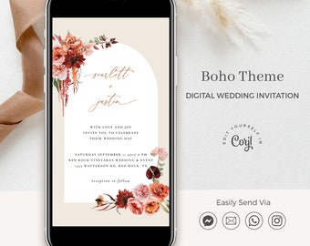 SCARLETT Boho Wedding Invitation Template Download, Digital Wedding Invitation for Mobile, Fall Wedding Invites, Floral Wedding Invite