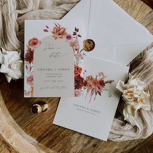 SCARLETT Boho Save the Date Flower Template, Autumn Save the Date Template Boho, Burnt Orange Save the Date Fall Wedding, Arch Save the Date