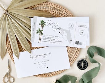 Boarding Pass Save the Date Tropical Wedding, Palm Tree Save the Date, Destination Wedding Save the Date, Boarding Pass Template Wedding