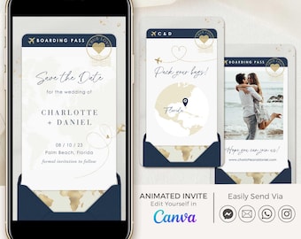 Digital Boarding Pass Save the Date Travel Theme, Destination Wedding Save the Date Video Template, Video Save the Date Destination Wedding